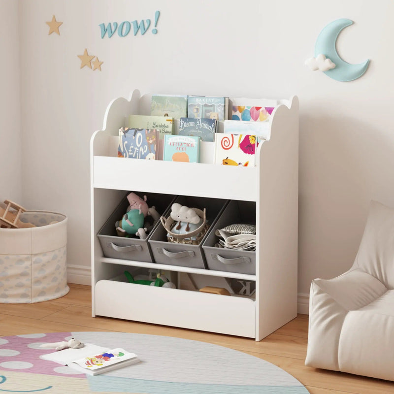 Bookshelf With Storage Bins And Drawer, Multi Functional Book Organizer For Toddlers - White by Unique Piece Furniture