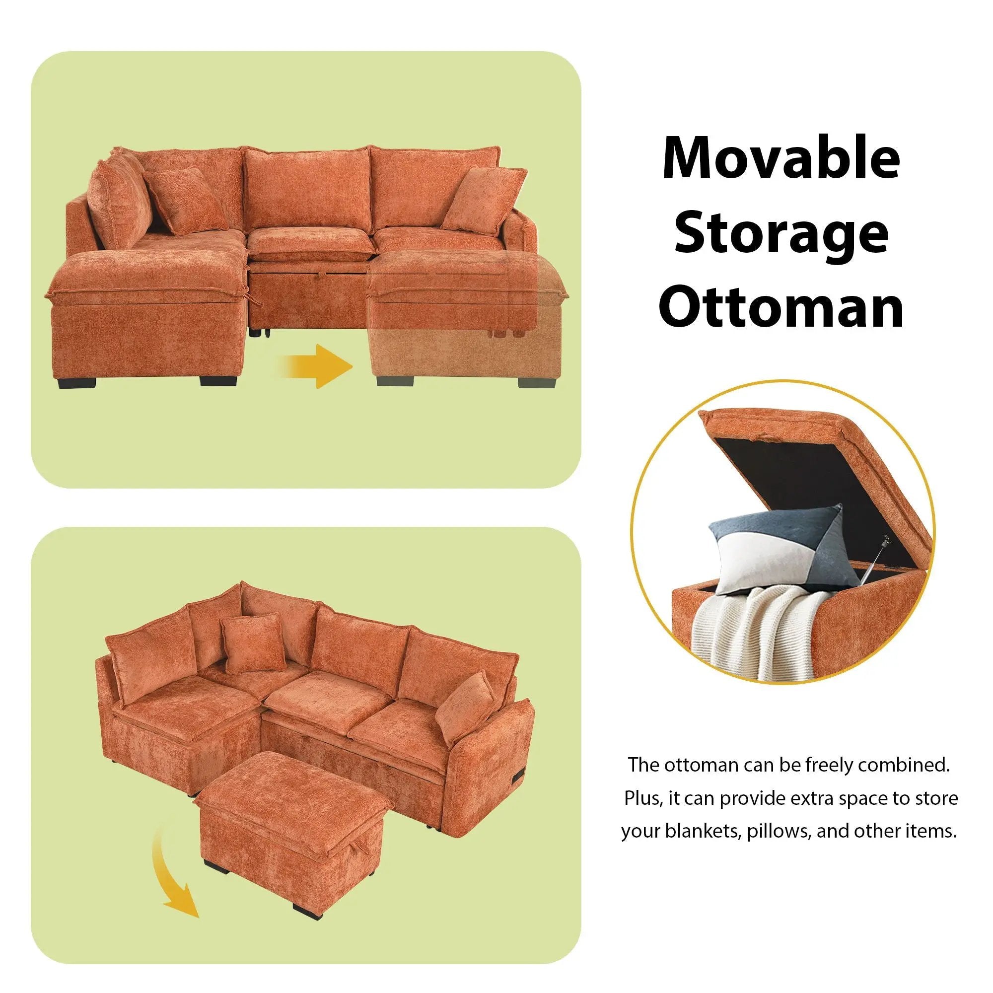 Convertible Sofa Bed Sectional Sofa Sleeper L-Shaped Sofa With A Storage Ottoman, Two Pillows, Two Power Sockets And Two USB Ports For Living Room by HouseOfZazla