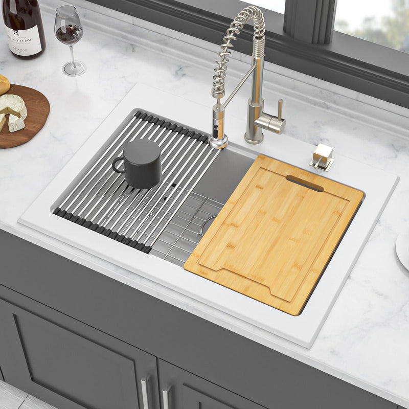 Quartz Kitchen Sink 30" X 22" Granite Composite Workstation Drop In Sink - White by HouseOfZazla