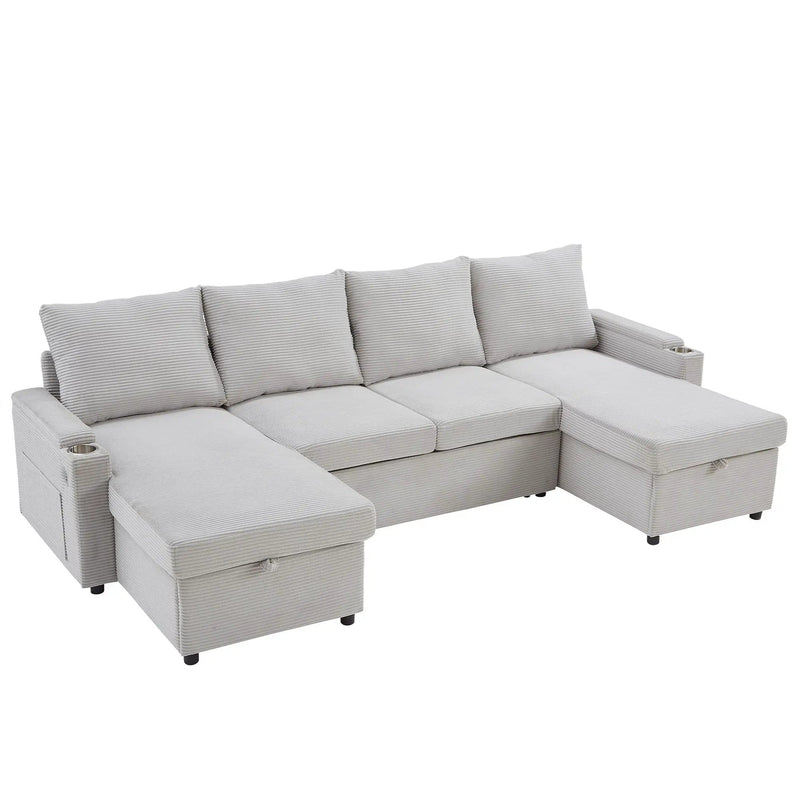 U Shaped Sectional Sofa Bed With Storage Chaise Lounges, USB Ports, And Cup Holders by HouseOfZazla