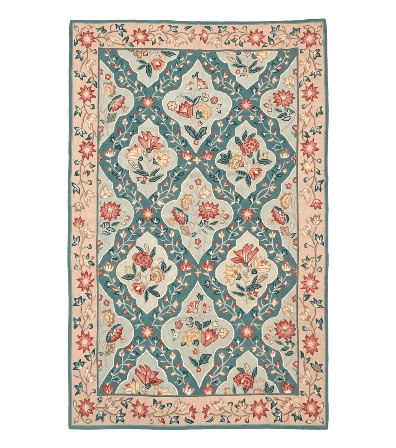 Teal Needlepoint Rug 6x9, Panel Design, Floral Bouquets, Handmade by Jewel Rugs