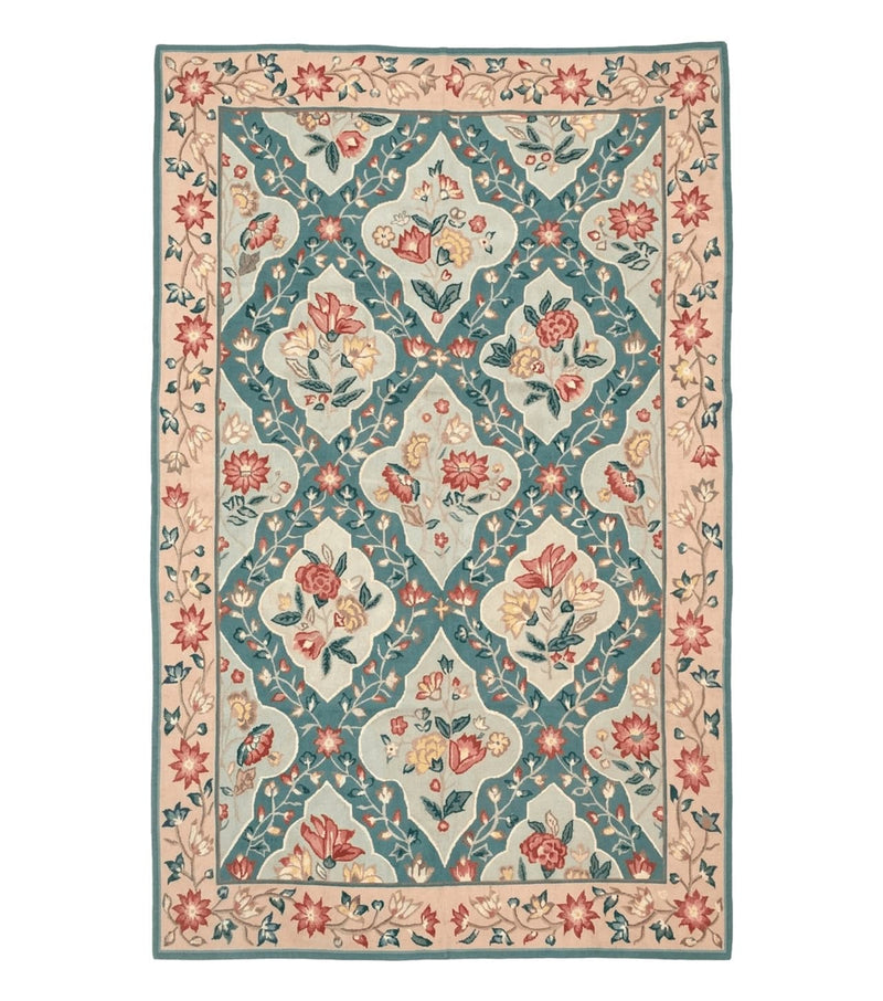 Teal Needlepoint Rug 6x9, Panel Design, Floral Bouquets, Handmade by Jewel Rugs
