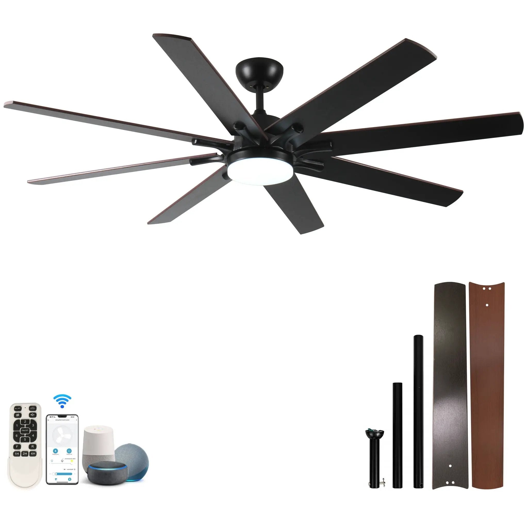 Large Ceiling Fans With Lights And Remote, Indoor / Outdoor Modern Ceiling Fan For Kitchen Living Room Patio, 6 Speed Reversible Quiet DC Motor, Dual Finish 8 Blades - Black by Unique Piece Furniture