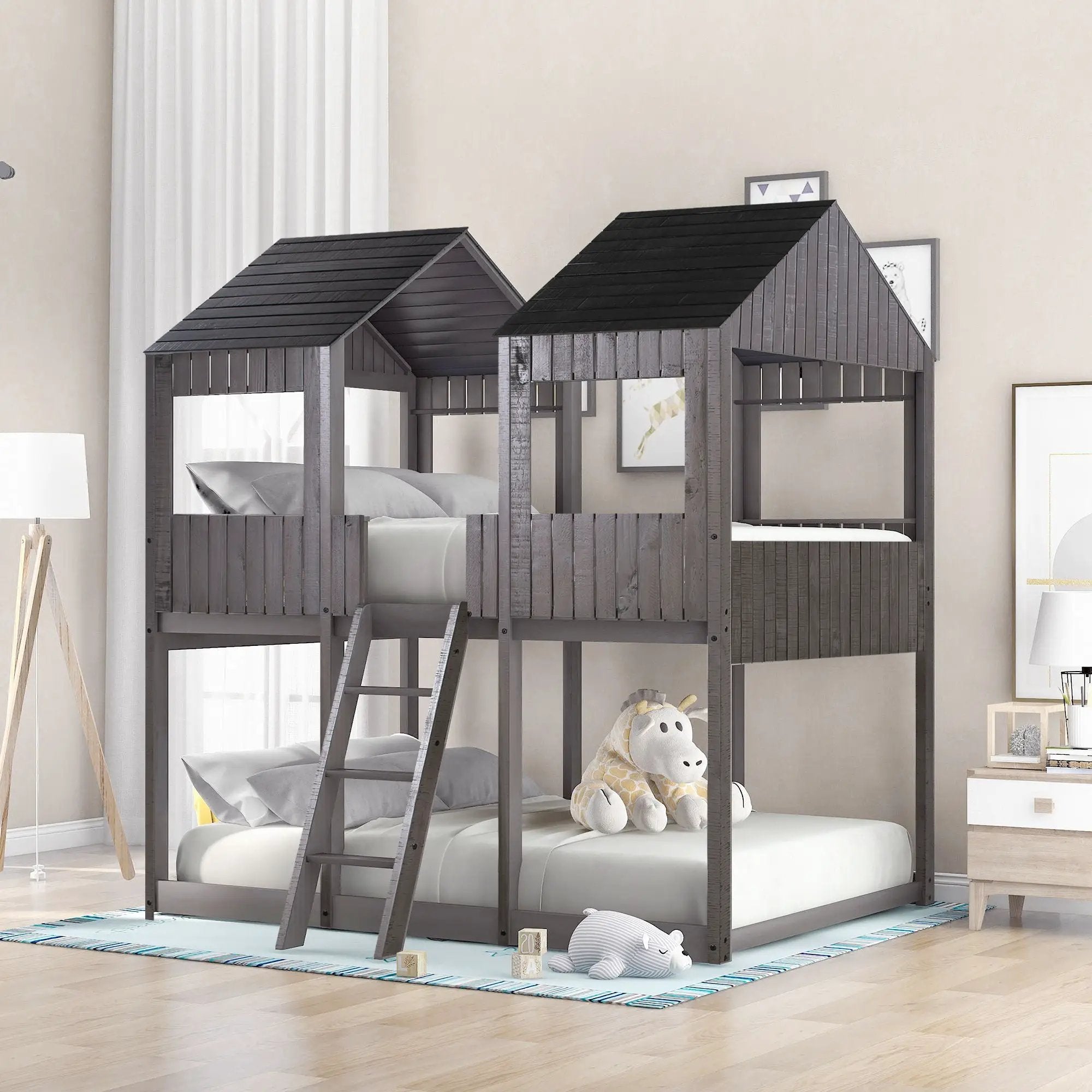 Bunk Bed With Roof, Window, Guardrail, Ladder by Unique Piece Furniture
