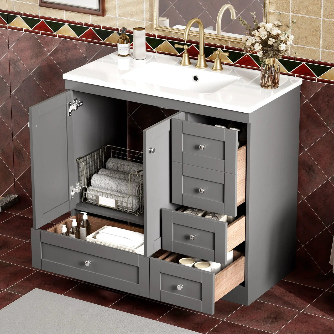 Shaker Free Standing Bathroom Vanity Cabinet & Sink, Soft Close Drawers, Soft Close Doors by Unique Piece Furniture