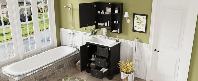 Bathroom Vanity With Sink, Modern Elegant Bathroom Storage Cabinet With 3 Drawers And Adjustable Shelves, Freestanding Vanity Set With Mirror Cabinet, Single Sink Bathroom Vanity by HouseOfZazla