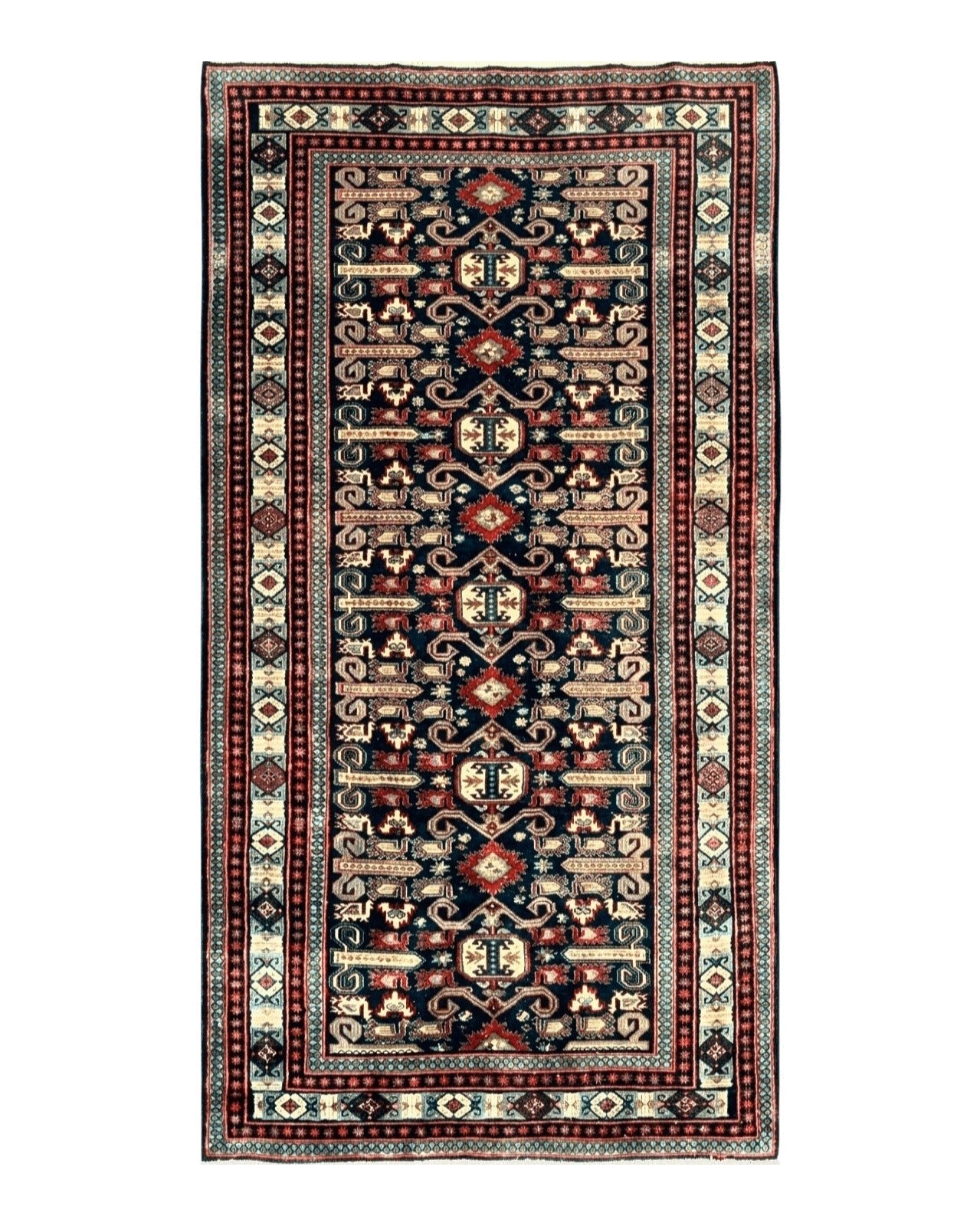 Persian Wide Runner Rug 4.8 x 10, Persian Kalegi Ardabil Rug, Perpedil Caucasian Rug, Antique Handmade Wool Carpet, Navy Blue Red, Tribal Rug by Jewel Rugs