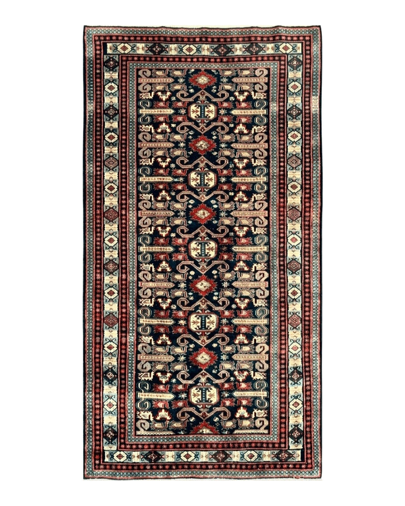 Persian Wide Runner Rug 4.8 x 10, Persian Kalegi Ardabil Rug, Perpedil Caucasian Rug, Antique Handmade Wool Carpet, Navy Blue Red, Tribal Rug by Jewel Rugs