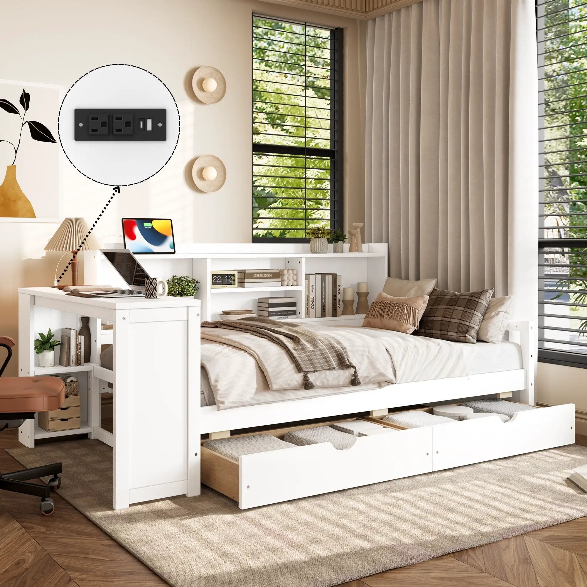 Corner Daybed With Storage Drawers, Desk, Charging Port & Bookcase by Unique Piece Furniture