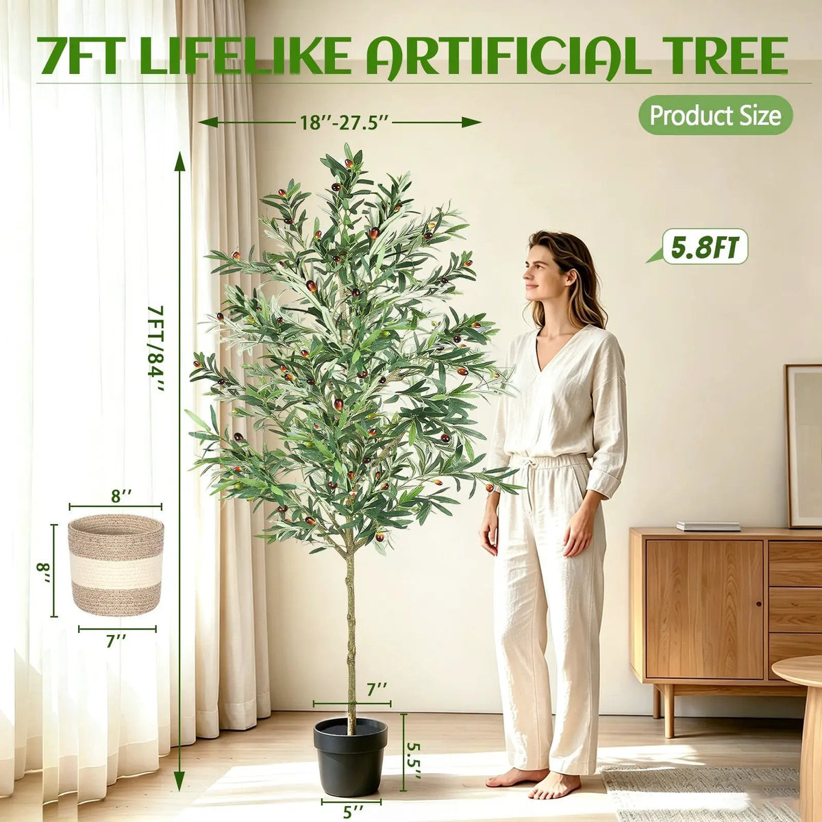 7FT Artificial Olive Tree Indoor Tall Faux with Planter & Basket by HouseOfZazla