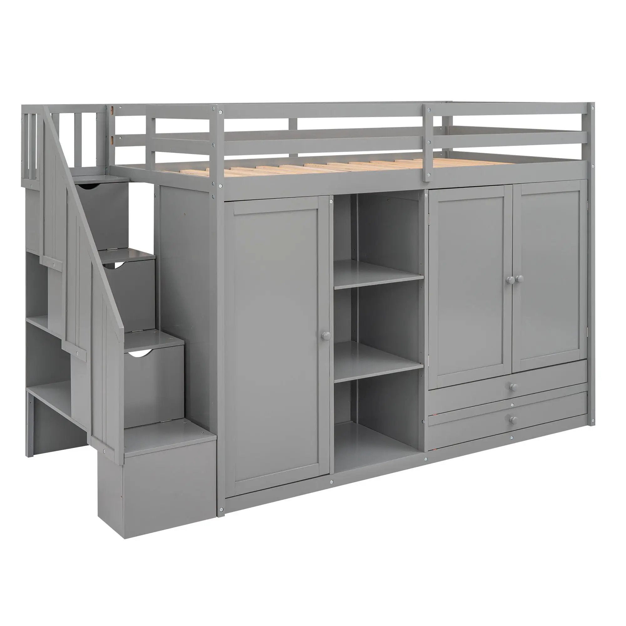 Loft Bed With 3 Shelves, 2 Wardrobes, 2 Drawers, Ladder Storage by Unique Piece Furniture