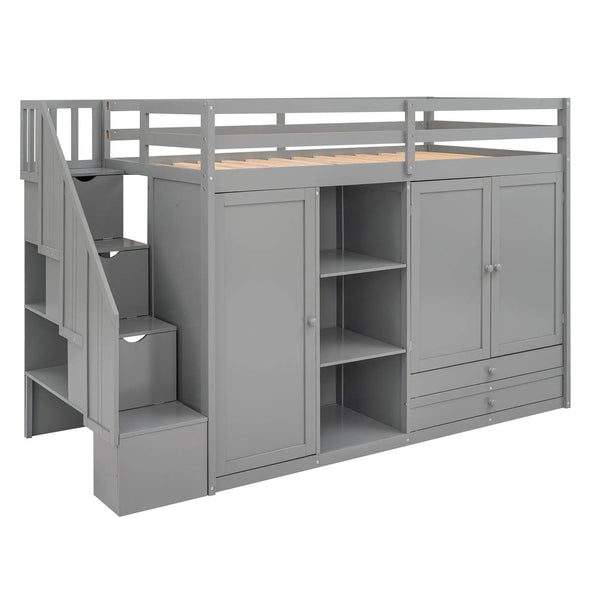 Loft Bed With 3 Shelves, 2 Wardrobes, 2 Drawers, Ladder Storage