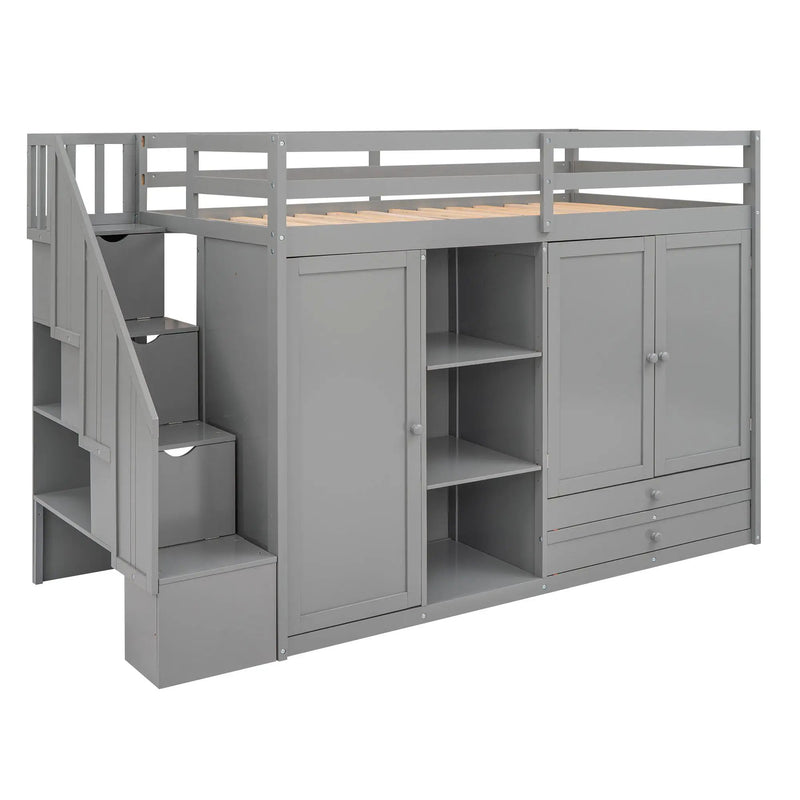 Loft Bed With 3 Shelves, 2 Wardrobes, 2 Drawers, Ladder Storage