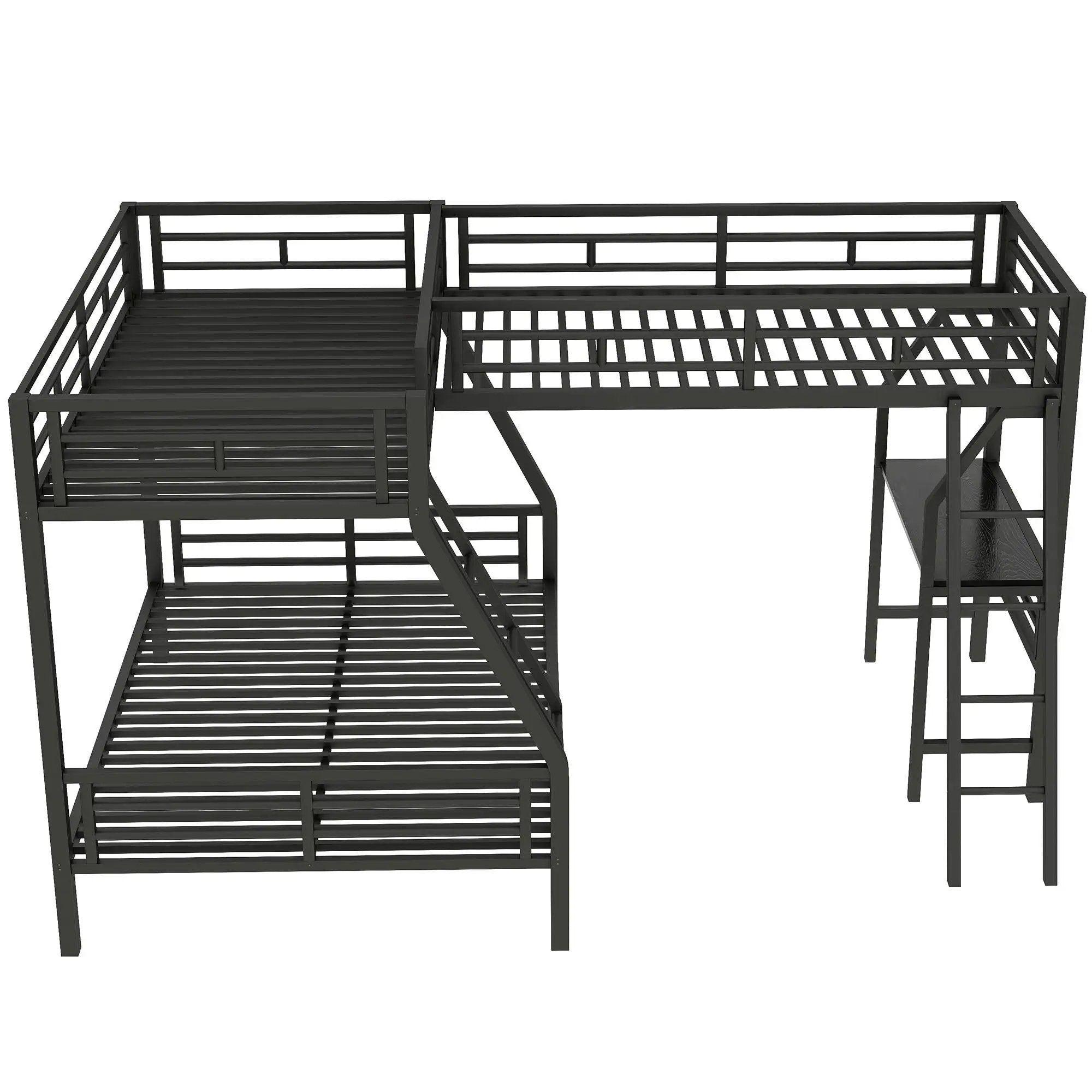 Twin Over Full Bunk Bed With Loft And Desk, L-Shaped Design For 3 Sleepers - Black by Unique Piece Furniture