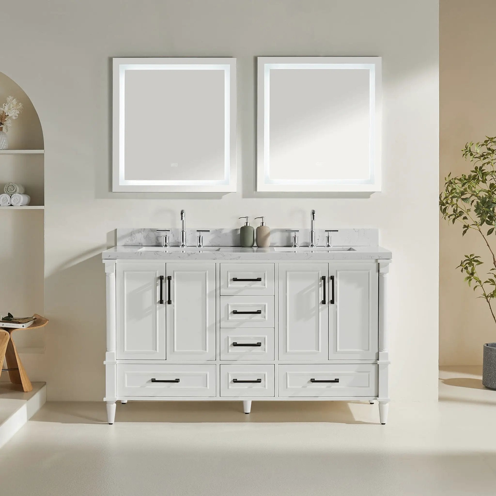 Freestanding Double Bathroom Vanity With Extra Black Handles - White by HouseOfZazla