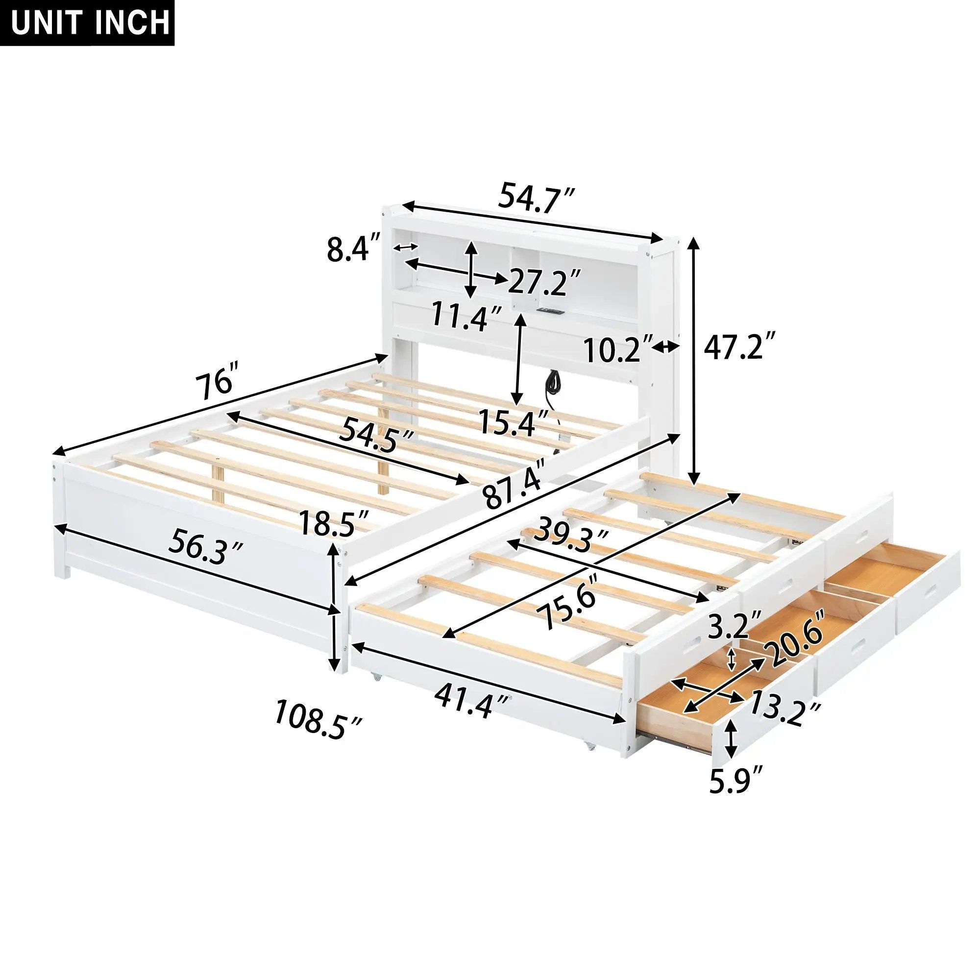 Full Size Platform Bed With Trundle, Drawers, USB Ports And Built In Shelves - White by HouseOfZazla