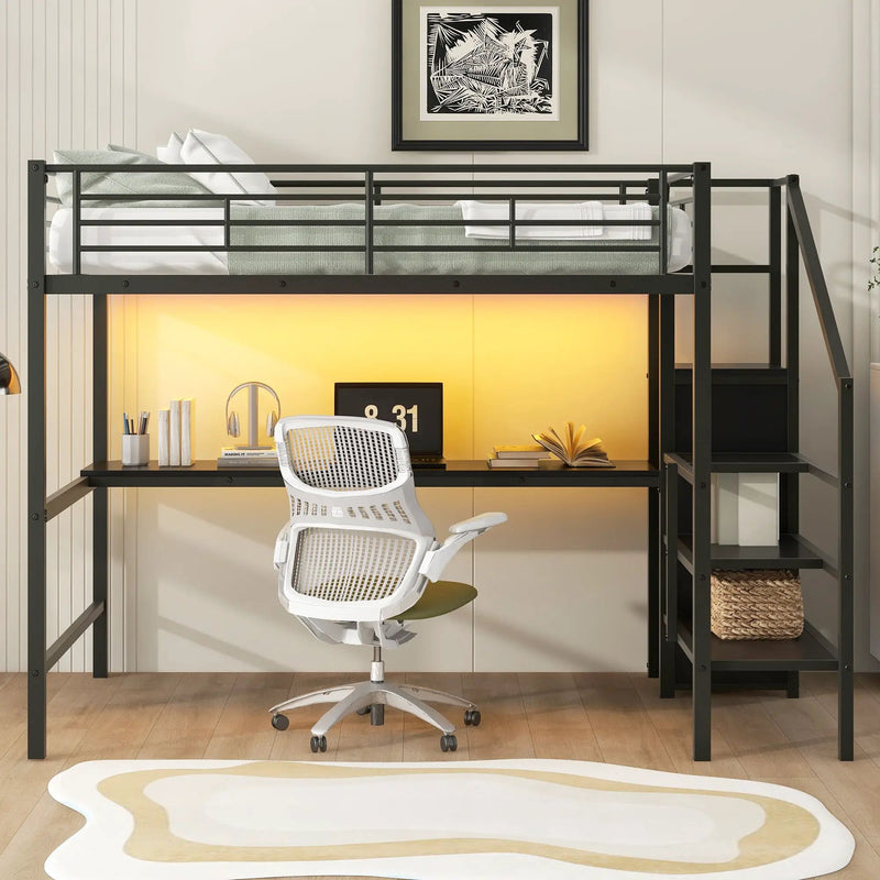 Full Size Loft Bed With Desk, Storage Staircase, Small Wardrobe And LED Light - Black by HouseOfZazla