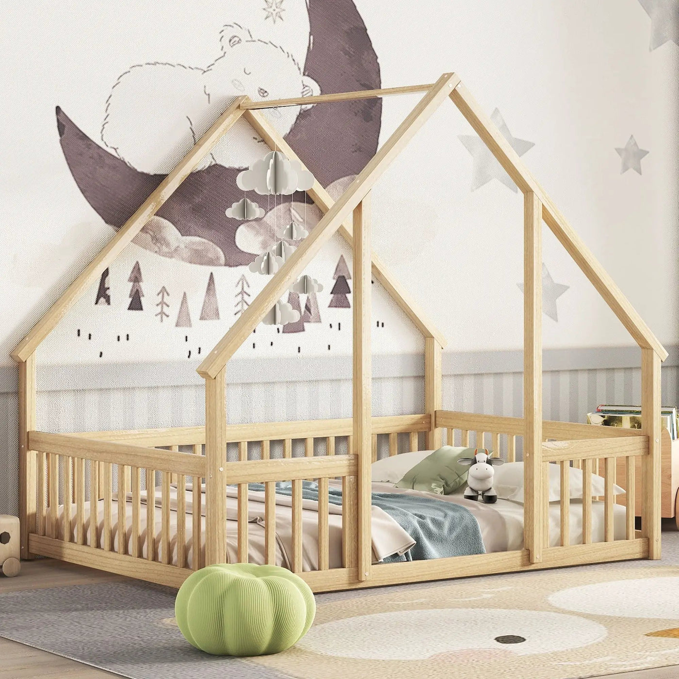 Wood House-Shaped Floor Bed With Fence, Guardrails by Unique Piece Furniture