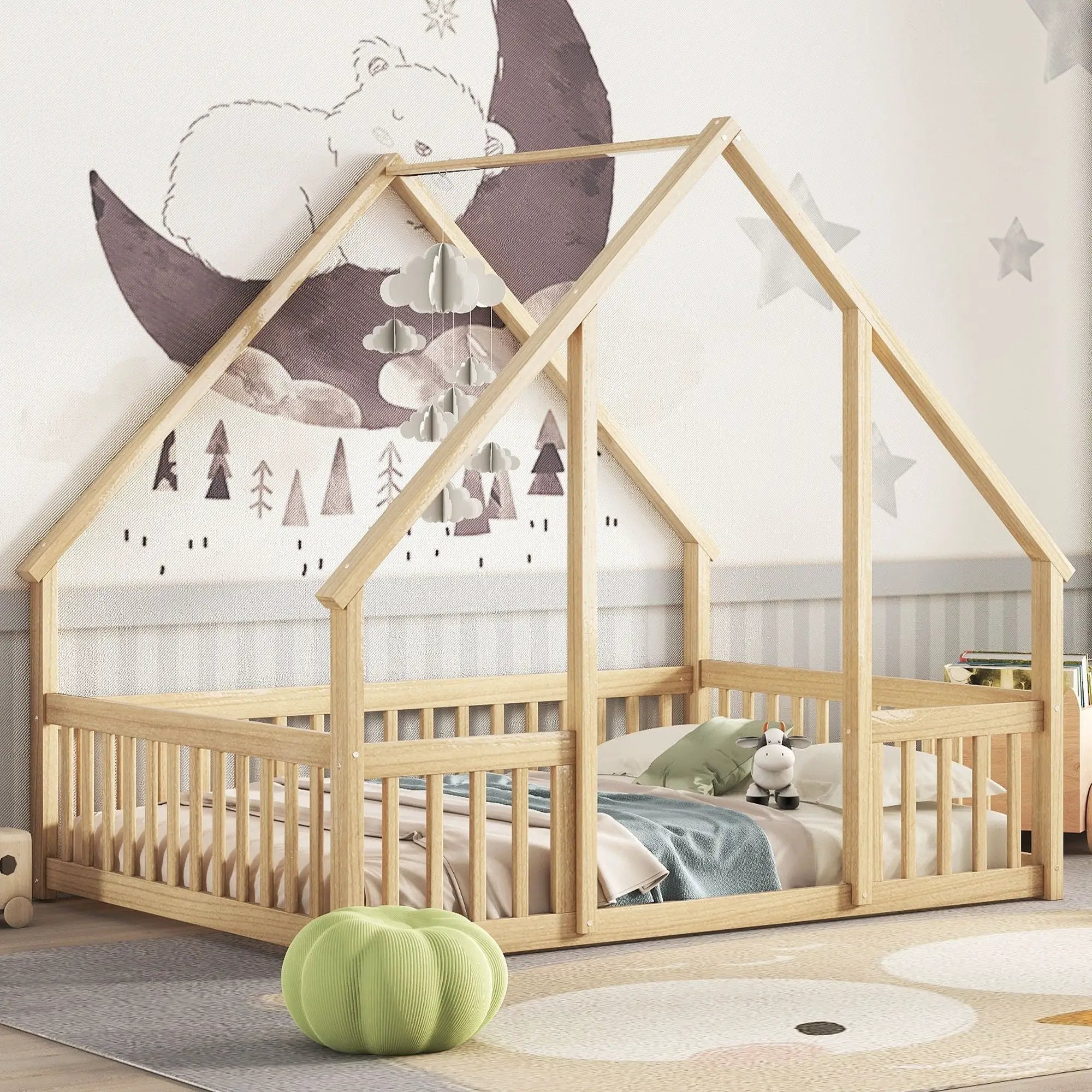 Wood House-Shaped Floor Bed With Fence, Guardrails by Unique Piece Furniture