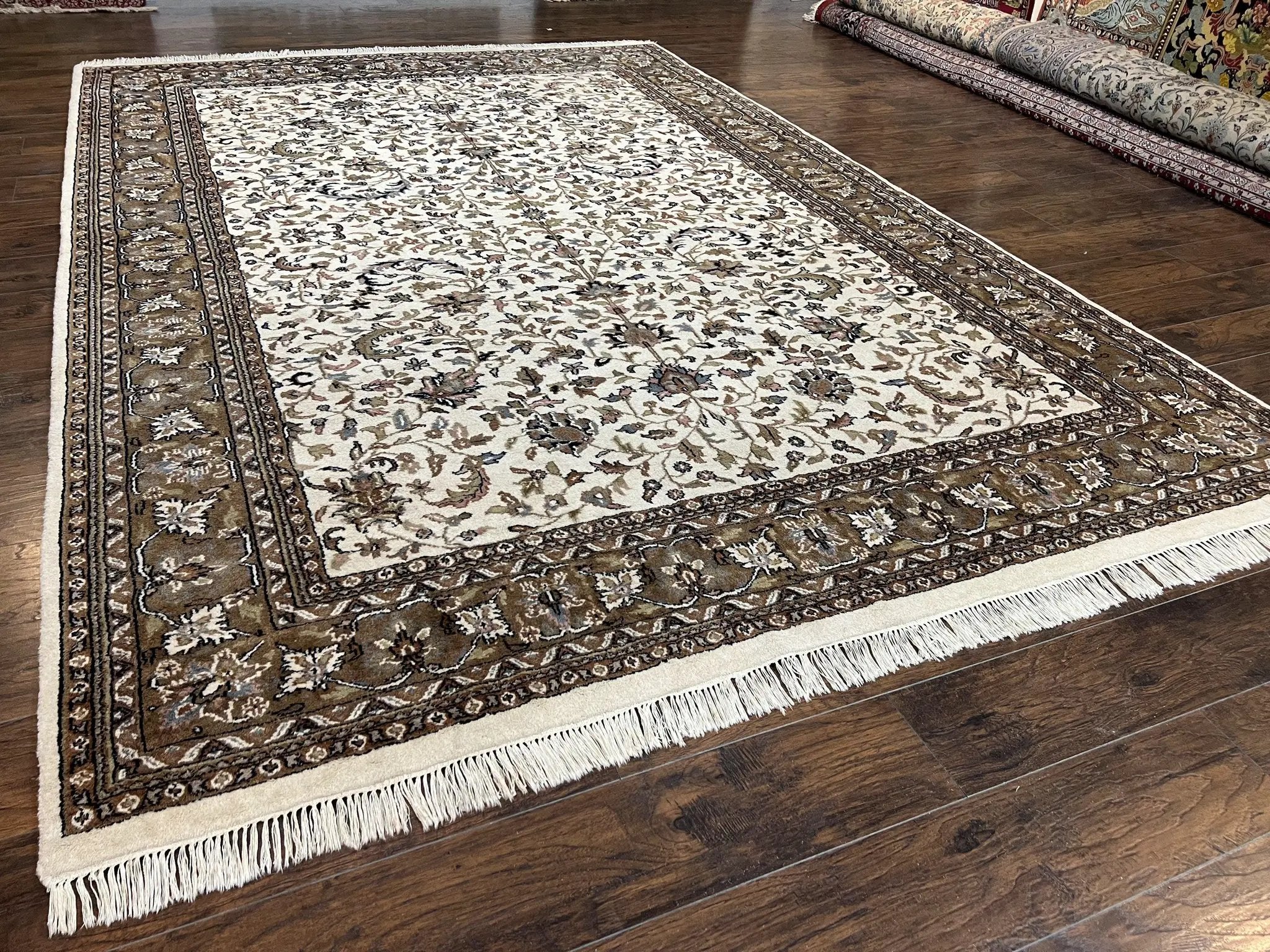 Indo Kirman Rug 8x12 Allover Floral Design, Ivory/Cream Brown, Vintage Handmade Hand Knotted Rug, Traditional Wool Persian Carpet 8 x 12 by Jewel Rugs