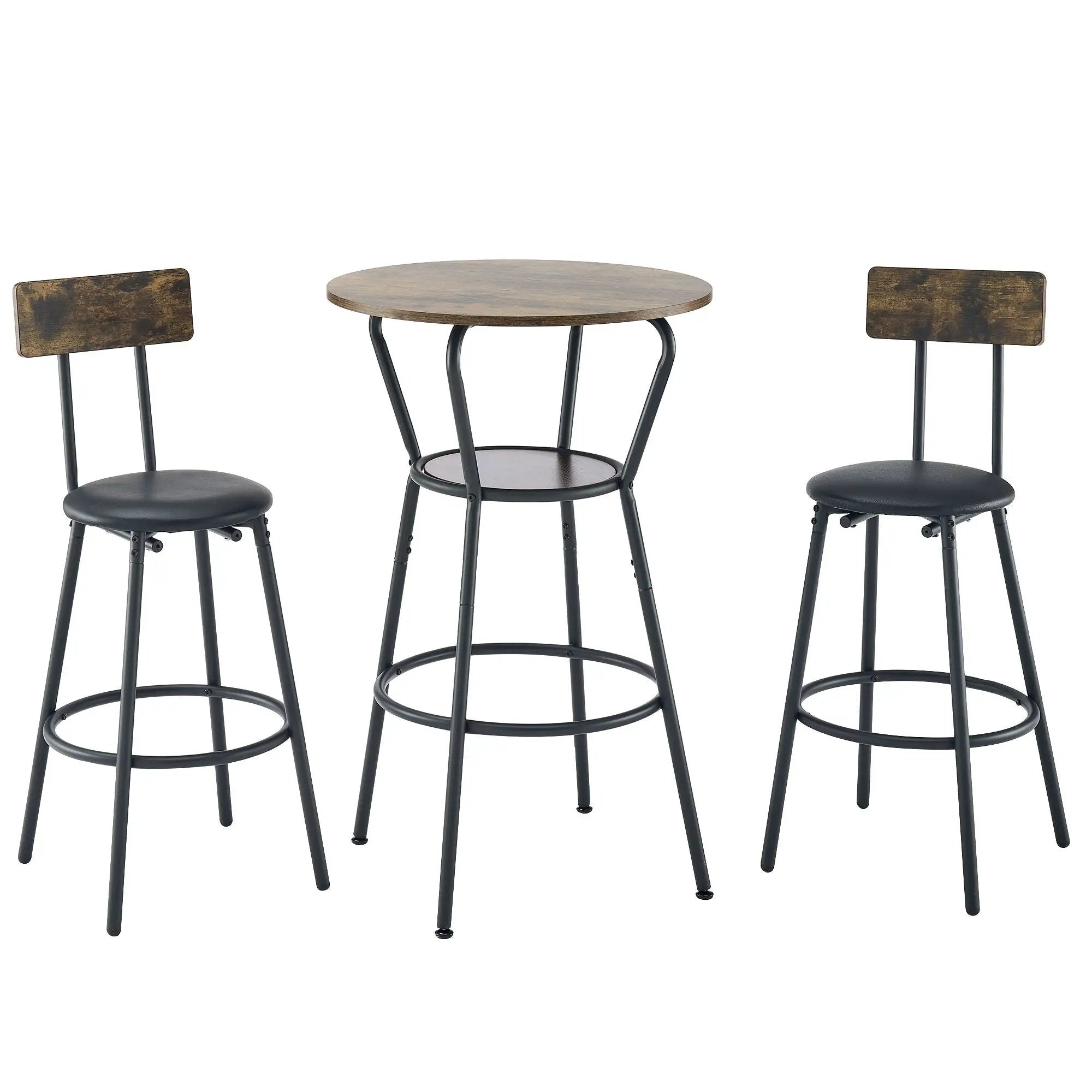 Rustic Brown Round Bar Table And Stool Set With Shelf, Upholstered Stool With Backrest - Antique Brown by HouseOfZazla