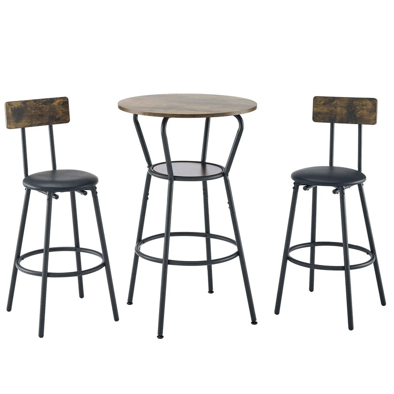Rustic Brown Round Bar Table And Stool Set With Shelf, Upholstered Stool With Backrest - Antique Brown by HouseOfZazla