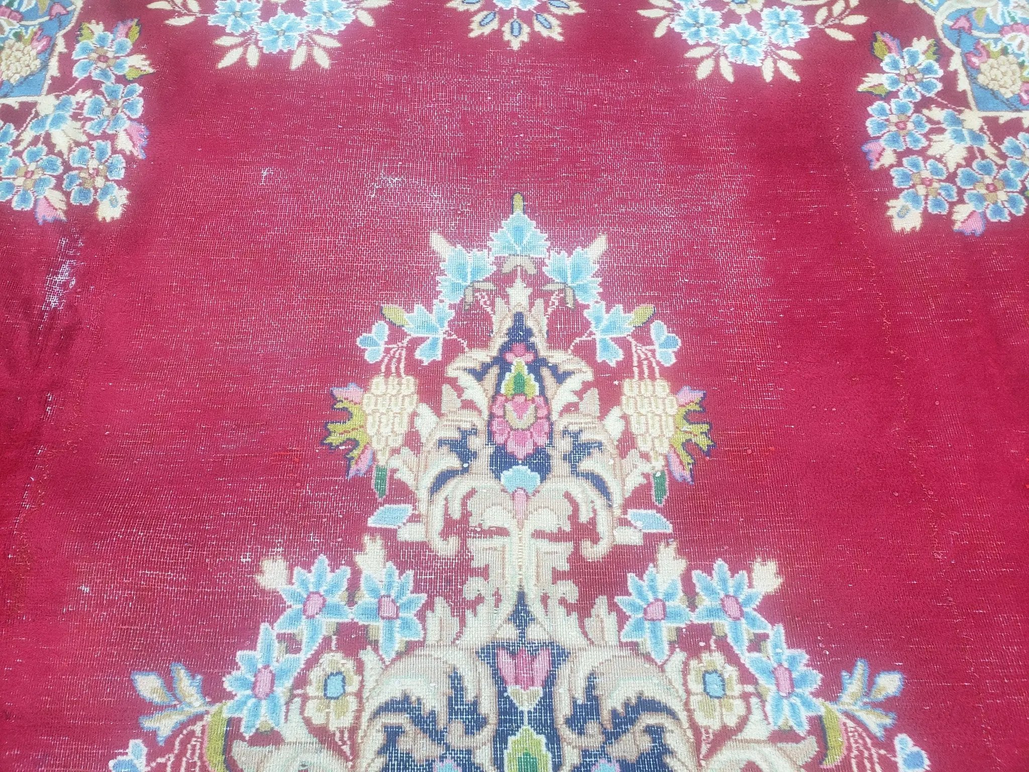 Antique Persian Kirman Rug 10x17 Oriental Carpet 10 x 17, Red, Multicolor, Namazian Signature Master Weaver, Shabby Chic, Semi Open Field by Jewel Rugs