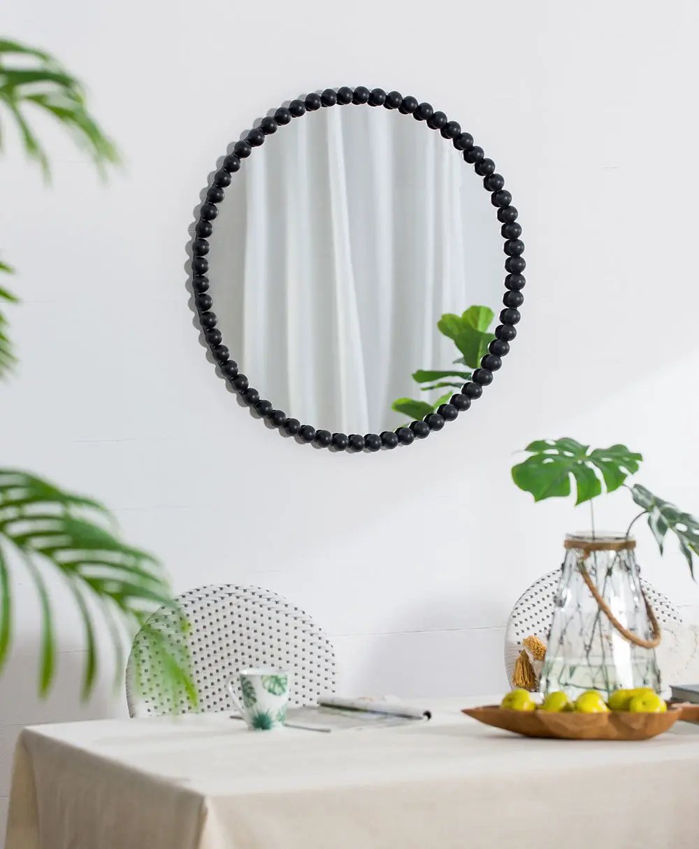 Circle Mirror With Metal Beaded Frame, Wall Mirror For Living Room Bedroom Entryway - Black by Unique Piece Furniture