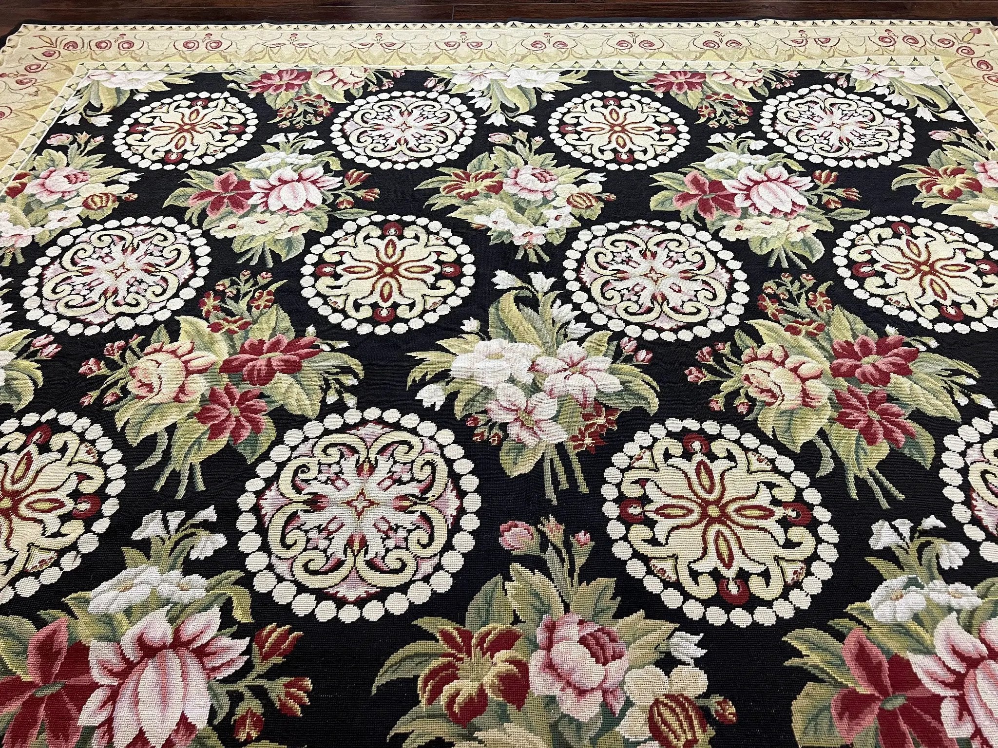 9x12 Black Needlepoint Rug, European Floral Panel Design, Handwoven, Vintage Chinese Needlepoint, Black Green Beige, Wool Rug 9 x 12 by Jewel Rugs