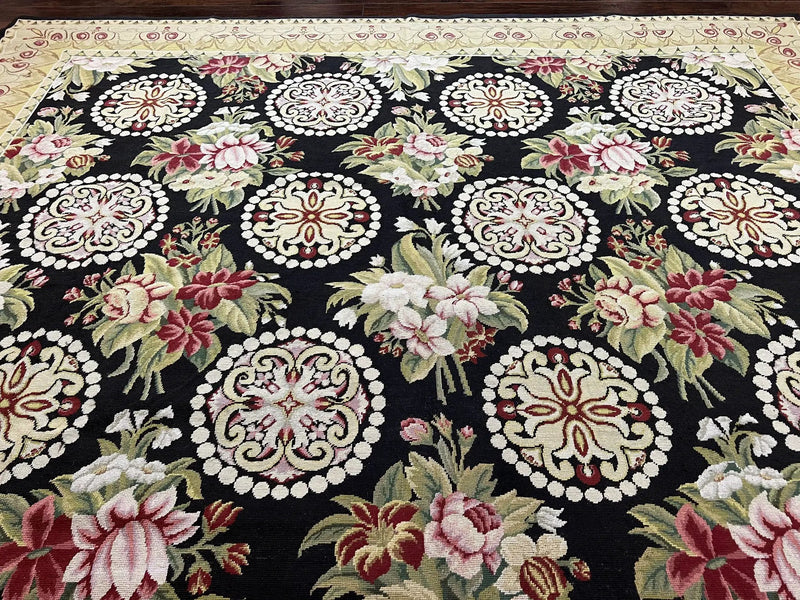 9x12 Black Needlepoint Rug, European Floral Panel Design, Handwoven, Vintage Chinese Needlepoint, Black Green Beige, Wool Rug 9 x 12 by Jewel Rugs