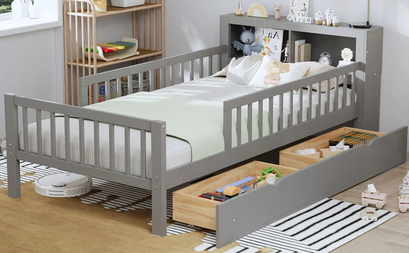 Bed With Headboard Storage Rack, 2 Under Bed Drawers, 3 Side Guardrails For Safety by HouseOfZazla