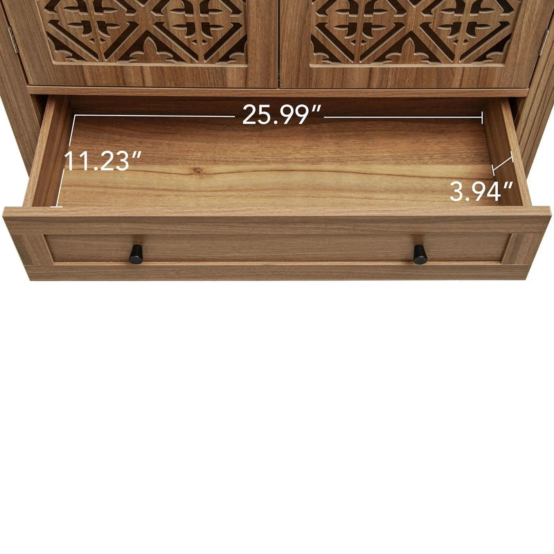 Tall Kitchen Pantry Cabinet With Hollow Carved Doors 2 Drawers And Adjustable Shelves Storage Display Cabinet For Kitchen Dining Room Or Living Room - Walnut by Unique Piece Furniture
