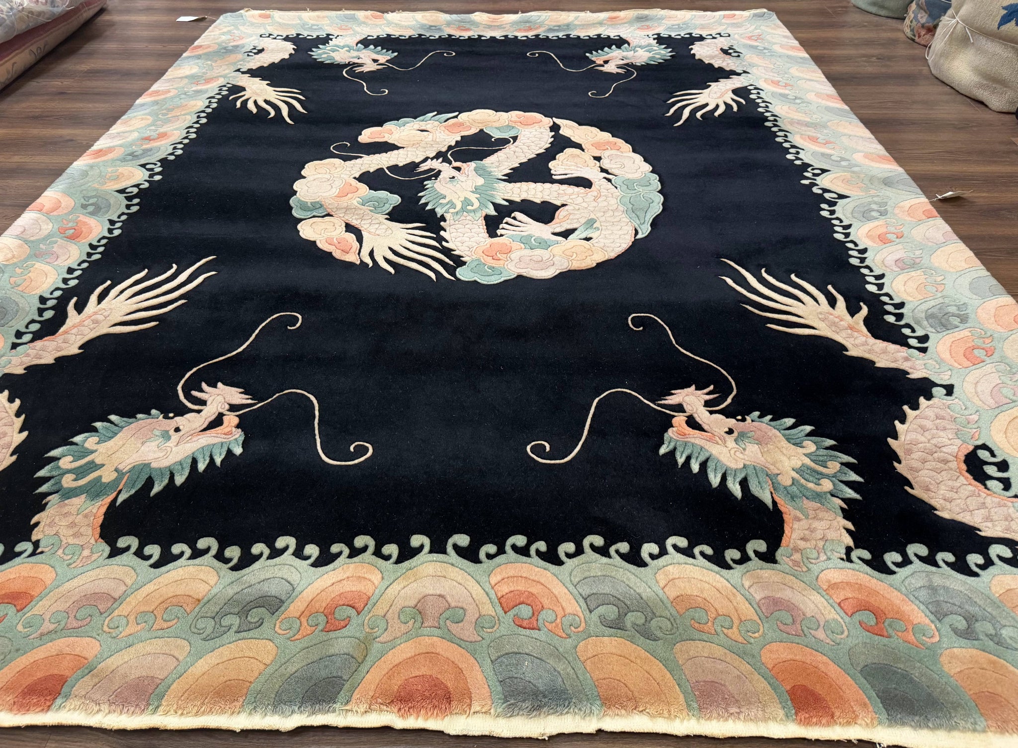 Black Chinese Wool Rug 8x10 with Dragons, Rainbow Borders, Rare by Jewel Rugs
