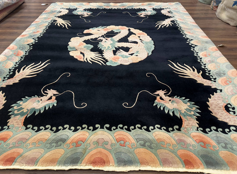 Black Chinese Wool Rug 8x10 with Dragons, Rainbow Borders, Rare by Jewel Rugs