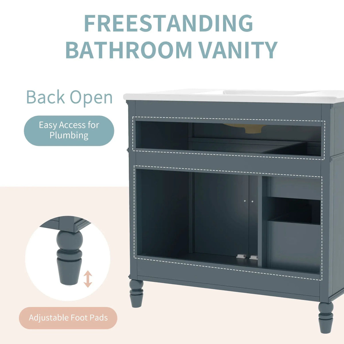 Bathroom Vanity With Sink, 2 Doors 2 Drawers, Freestanding Design by HouseOfZazla