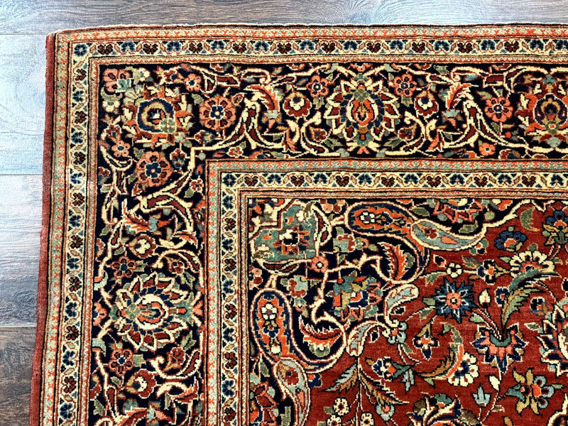 Persian Kashan Rug 4x7, Red and Navy Blue, Floral Antique Carpet by Jewel Rugs