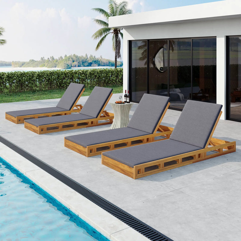 Acacia Wood Lounge Chaise Set with Water-Resistant Cushions by HouseOfZazla
