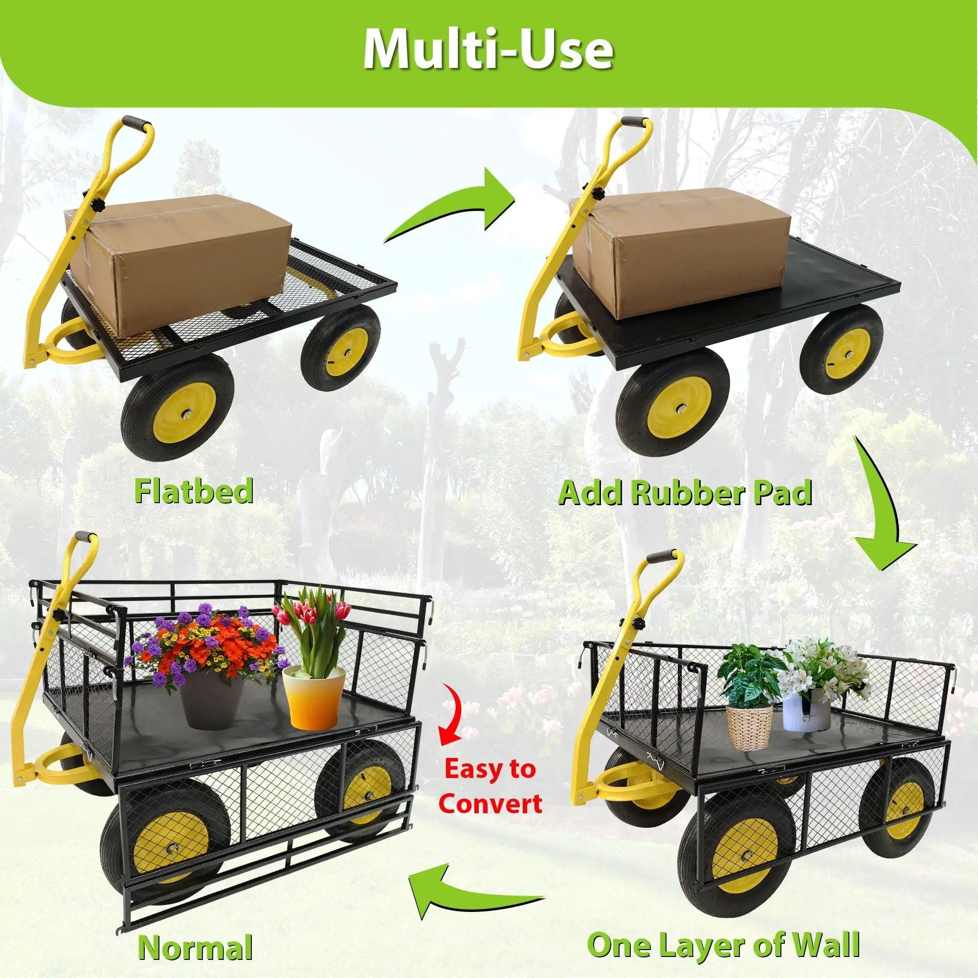 Steel Garden Cart, Heavy Duty 1400 Lbs Capacity, With Removable Mesh Sides To Convert Into Flatbed, Utility Metal Wagon With 2-In-1 Handle And 16 In Tires, Perfect For Garden, Farm, Yard - Black by HouseOfZazla
