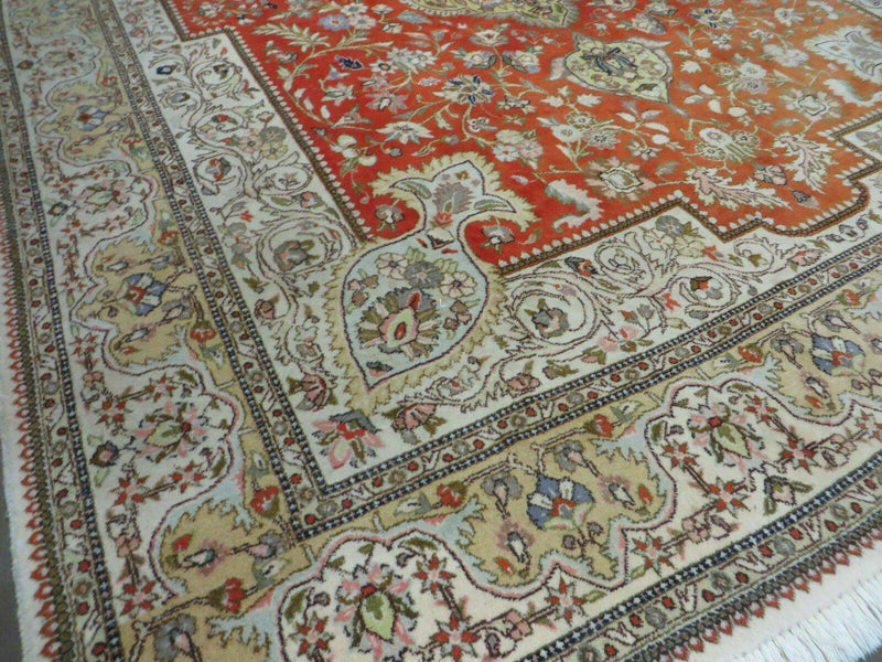 Vintage Persian Tabriz Rug 9x12, Tabatabaie Rug 9x12 Carpet, Handmade Hand Knotted Wool Area Rug, Tomato Red Beige, Medallion Rug, Floral by Jewel Rugs