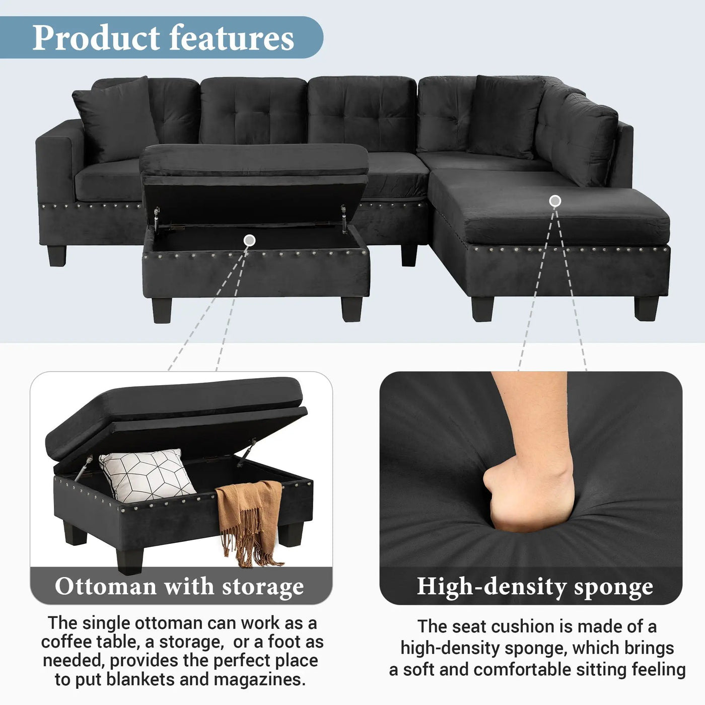 Modern Sectional Sofa With Storage Ottoman, L - Shape Couch With 2 Pillows And Cup Holders by Unique Piece Furniture