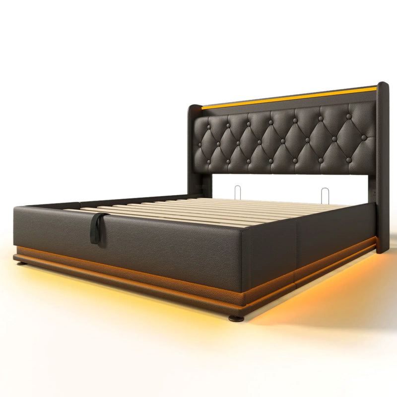 Upholstered Bed, 360 Surround LED Function, Remote Control, Hydraulic Storage Bed With USB, Type-C Charging (Without Mattress) by HouseOfZazla