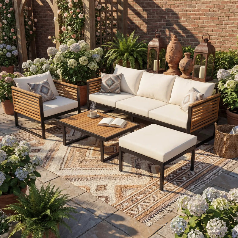 Outdoor 4-Piece Acacia Wood and Metal Patio Sofa Set by HouseOfZazla
