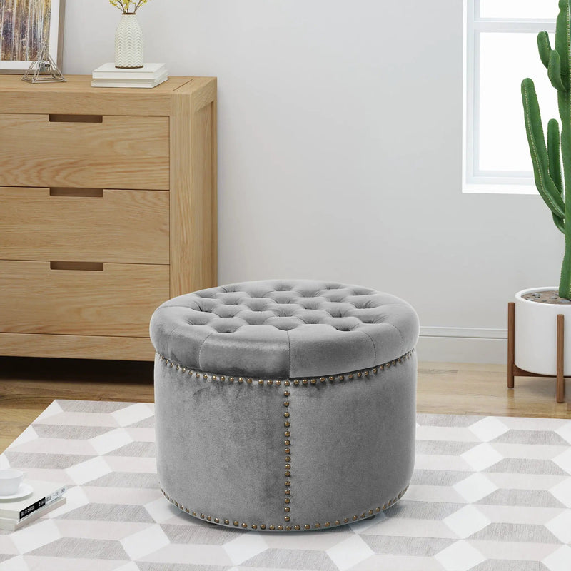 Elegant Round Ottoman Footstool With Studded Rim by HouseOfZazla