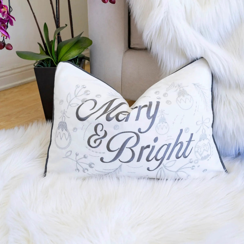 Merry & Bright Christmas Throw Pillow – 14x20 Velvet Lumbar Cushion by HouseOfZazla