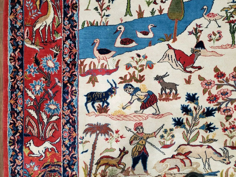 Antique Persian Isfahan Rug 5x7, Animal and Human Pictorials, Hand Knotted Fine Oriental Wool Carpet, Cream and Red, High KPSI, Vintage Rug 5 x 7 ft by Jewel Rugs