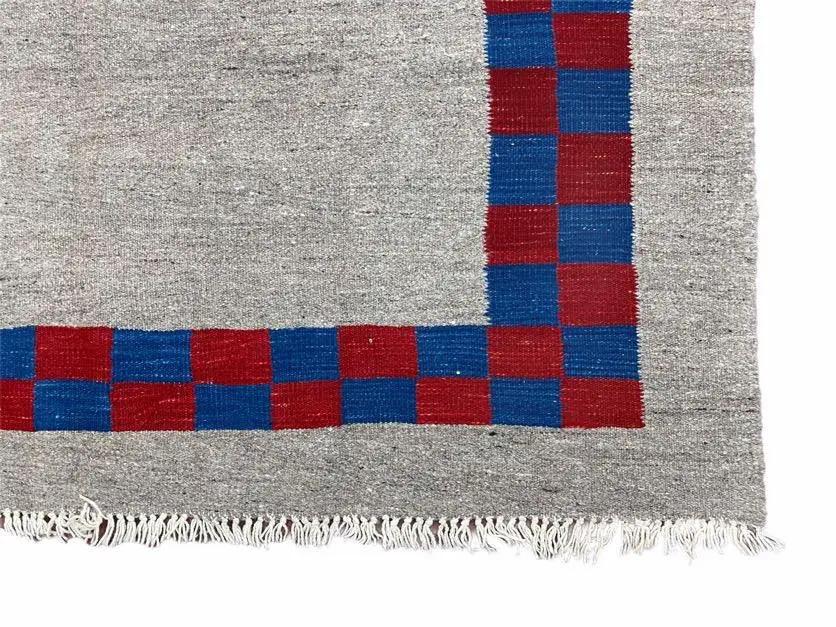 Gray Turkish Kilim Carpet 5' 7" x 7' 7", Medium Kilim Rug, Hand-Knotted, Blue & Red Border, Minimalistic Design, Geometric, Wool, New by Jewel Rugs