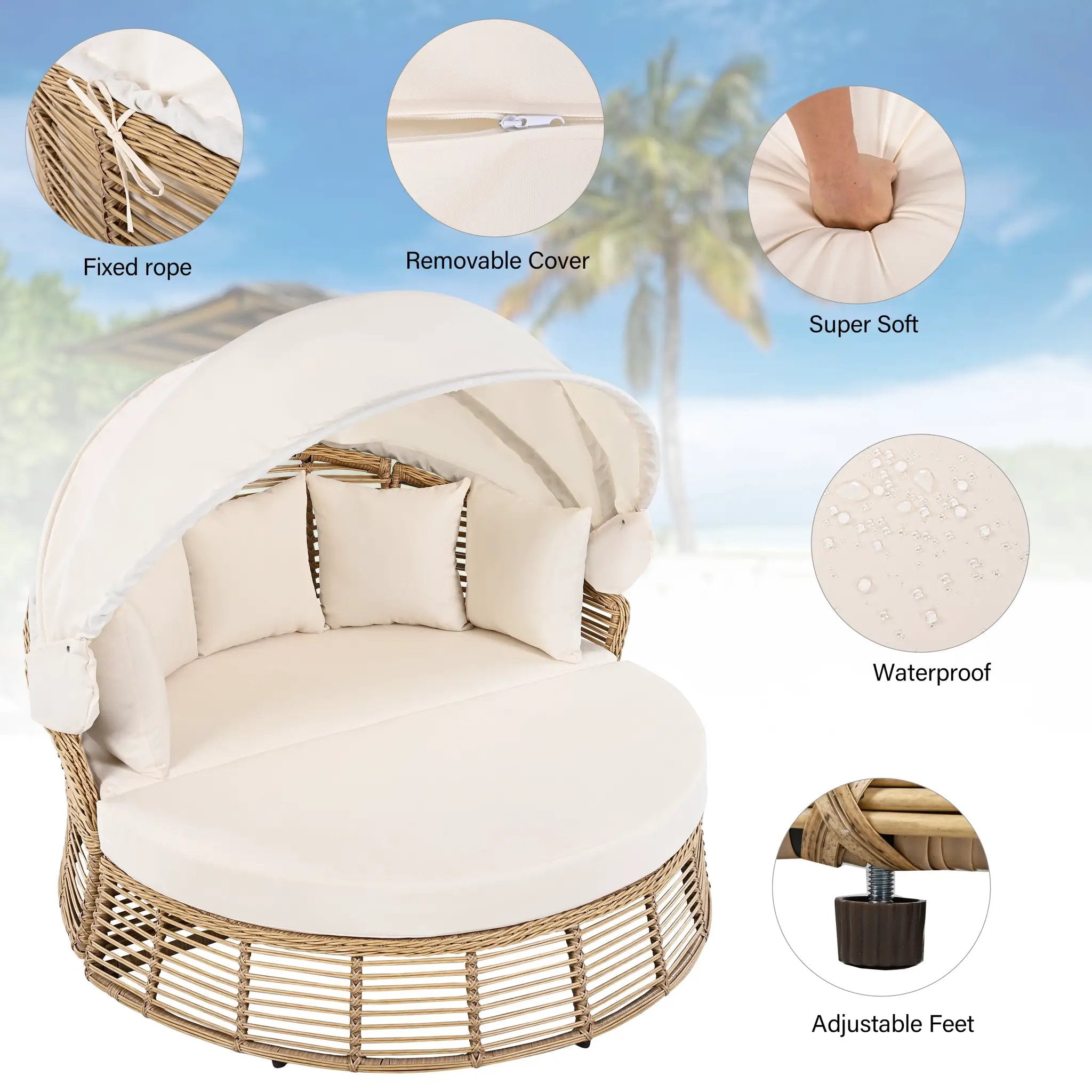 Outdoor Patio Rattan Round Daybed with Retractable Canopy by HouseOfZazla