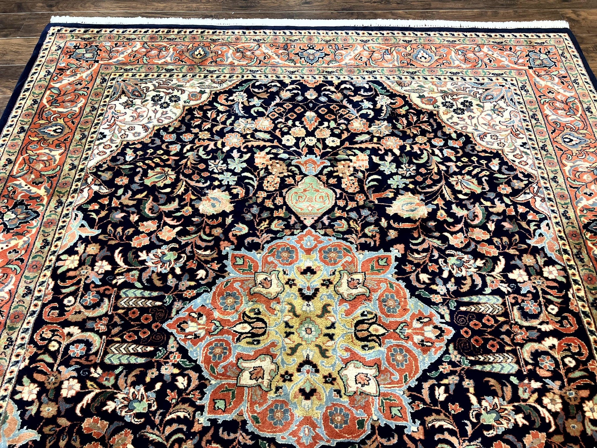 Indo Persian Rug 8x10, Midnight Blue & Red, Handmade Vintage Wool Carpet, Floral Medallion by Jewel Rugs