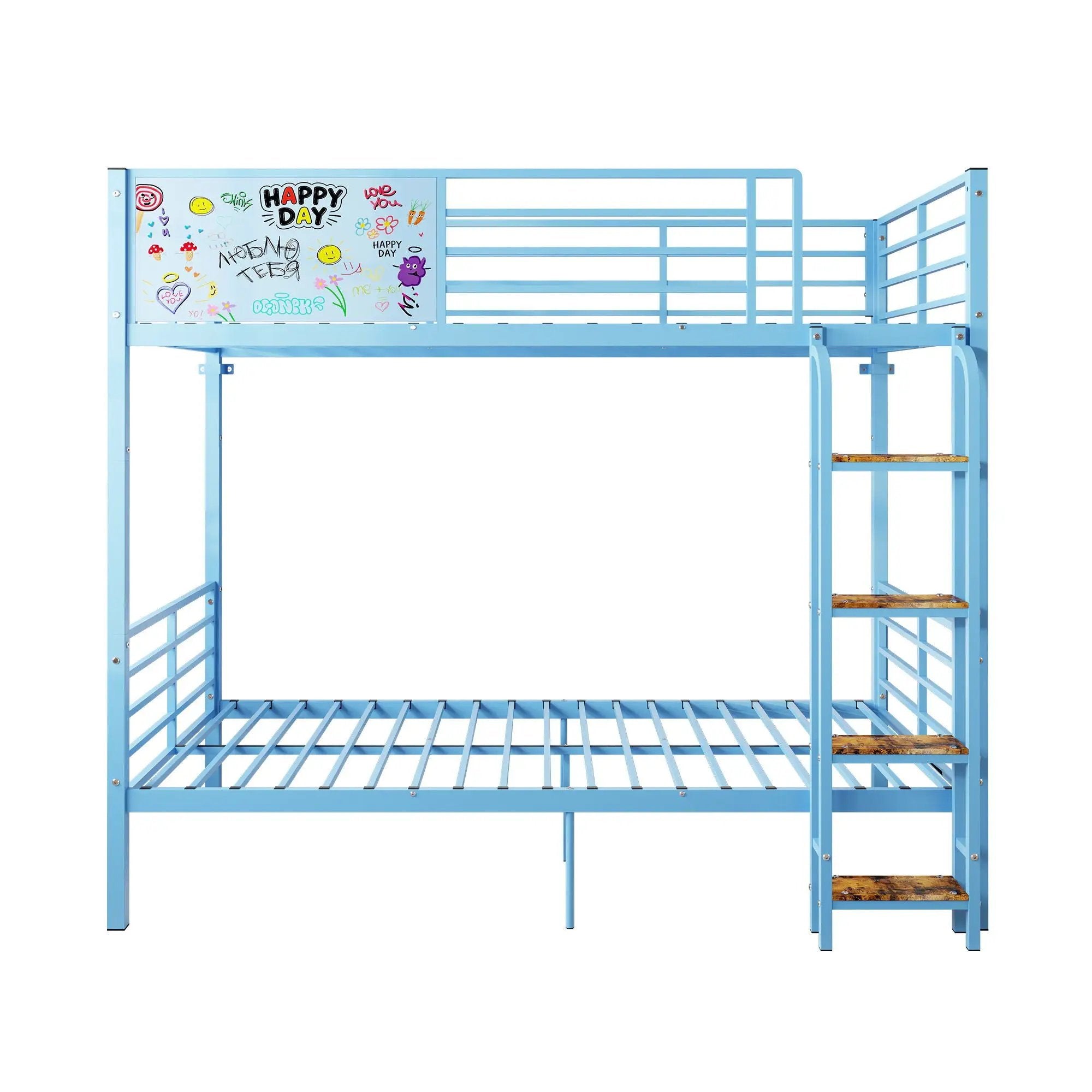 Bunk Bed, Convertible To 2 Separate Twin Size Beds & Full Length Guardrail & Ladder, No Box Spring Needed - Blue by HouseOfZazla