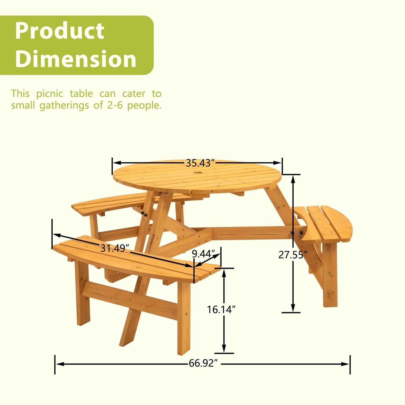 6 Person Circular Outdoor Wooden Picnic Table For Patio, Backyard, Garden, Diy With 3 Built-In Benches, 1720Lb Capacity by Unique Piece Furniture